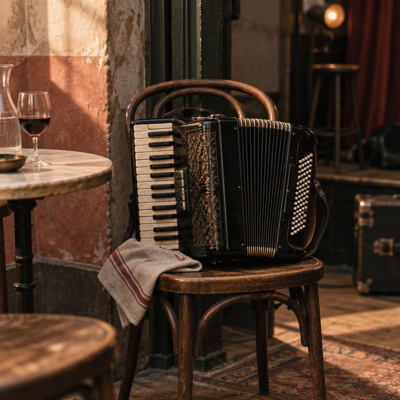 Akkordeon auf einem Stuhl im Bistro